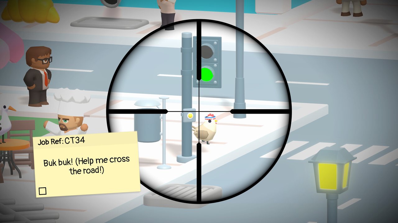 Official Sniper Dan screenshot: a chicken waiting at a crossing under a traffic light with its job text on screen