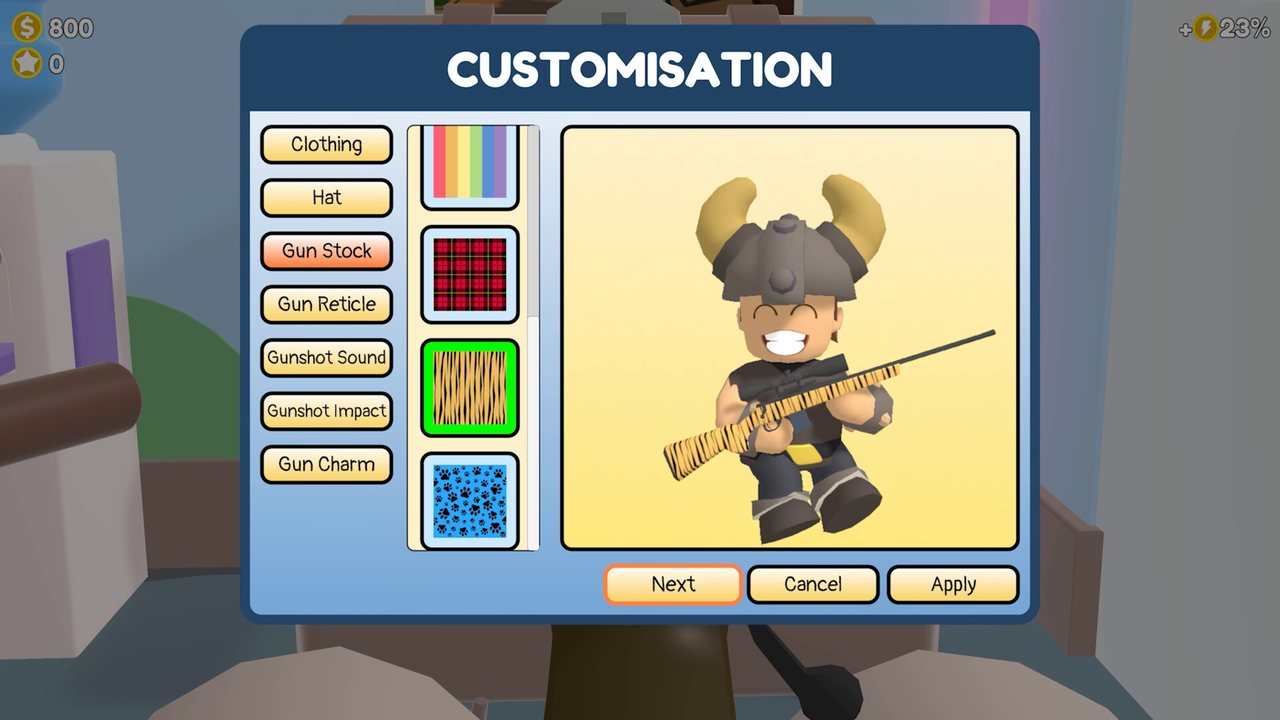 Official Sniper Dan screenshot: the customisation screen showing a character model and a patterned rifle