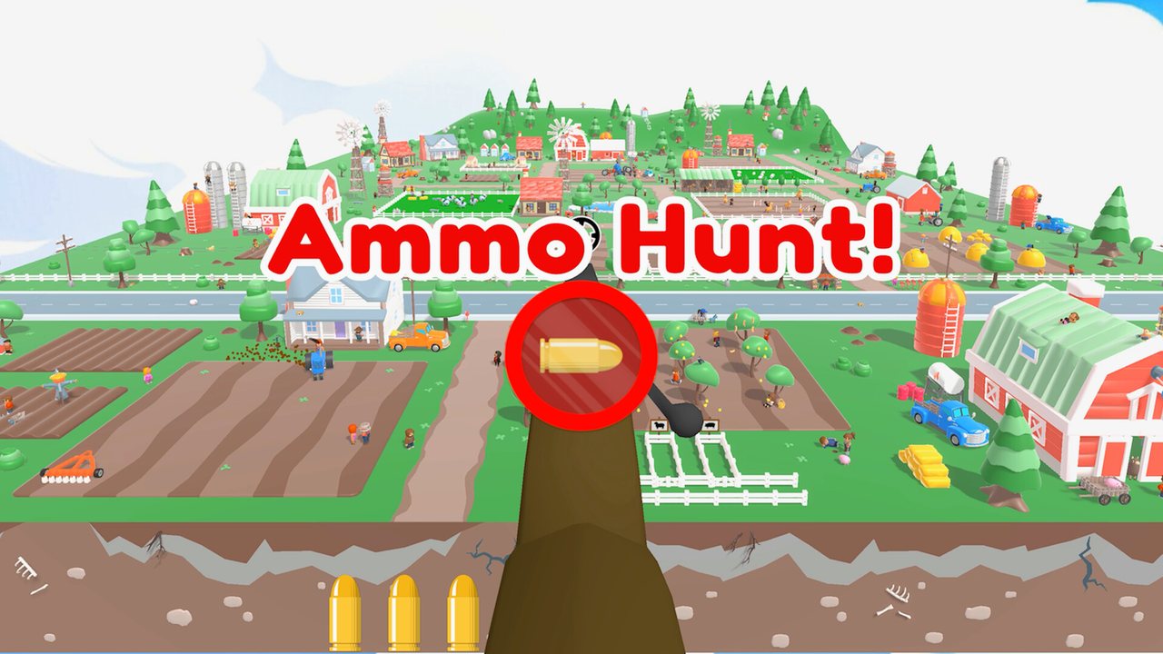 Official Sniper Dan screenshot: a first-person view across the Funky Farm fields and barns with an objective on screen