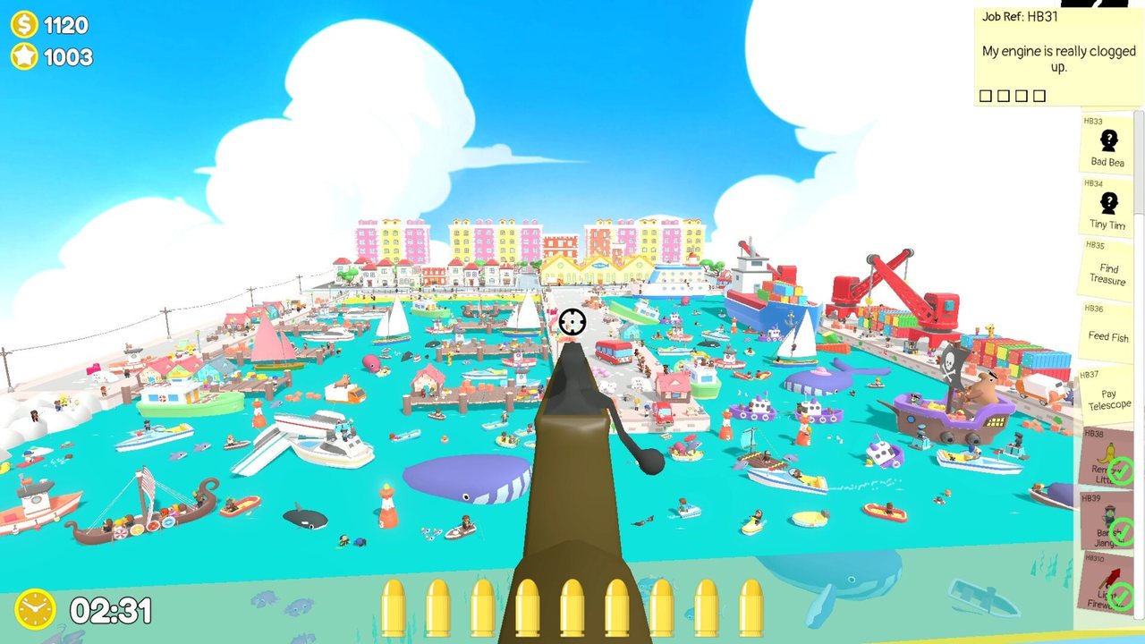 Official Sniper Dan screenshot: a wide view over the harbour with boats, cranes and the active job list on screen