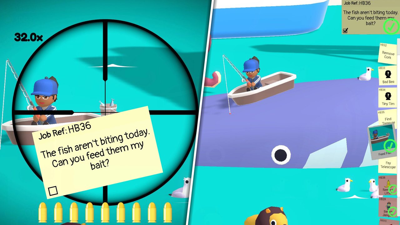 Official Sniper Dan screenshot: a fisherman in a boat beside a large whale in Happy Harbour, seen through the scope