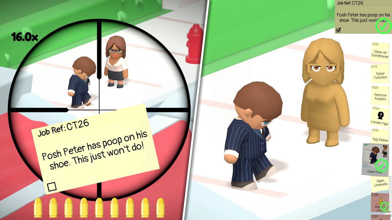 Official Sniper Dan screenshot: scoped view of a suited character with a job reference and objective text on screen