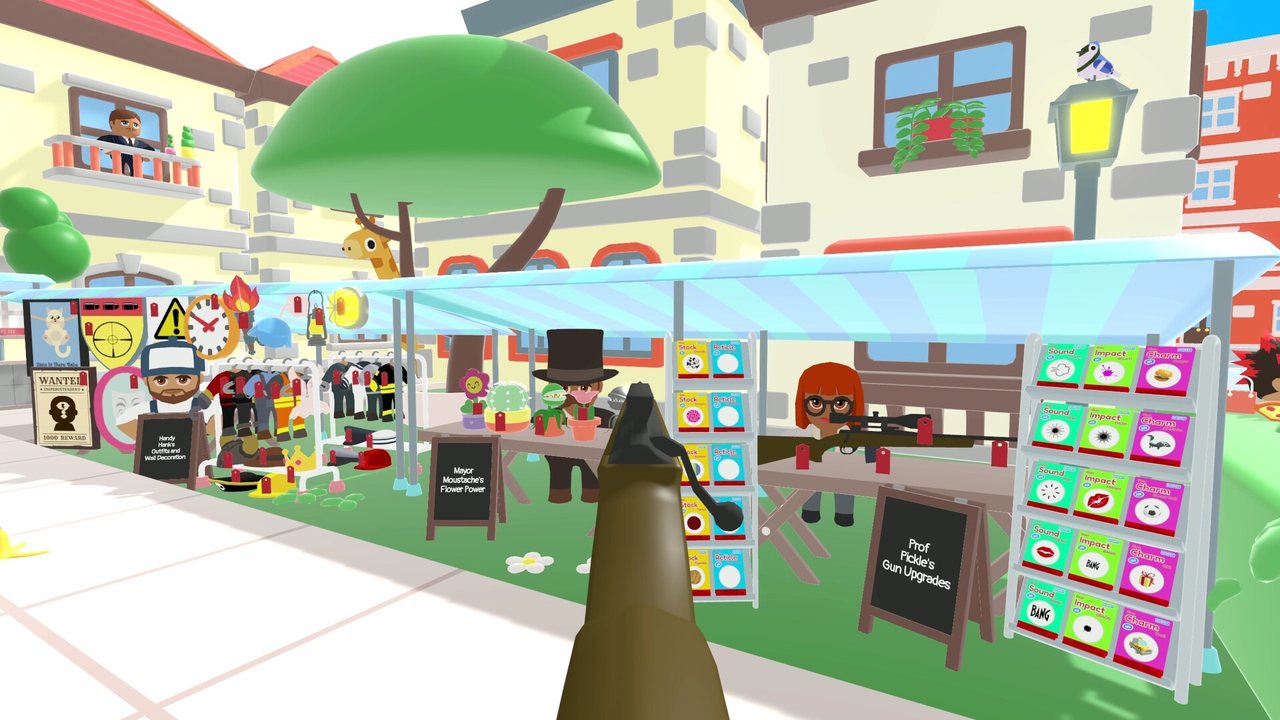 Official Sniper Dan screenshot: a market street with stalls for flowers, gun upgrades and office decorations