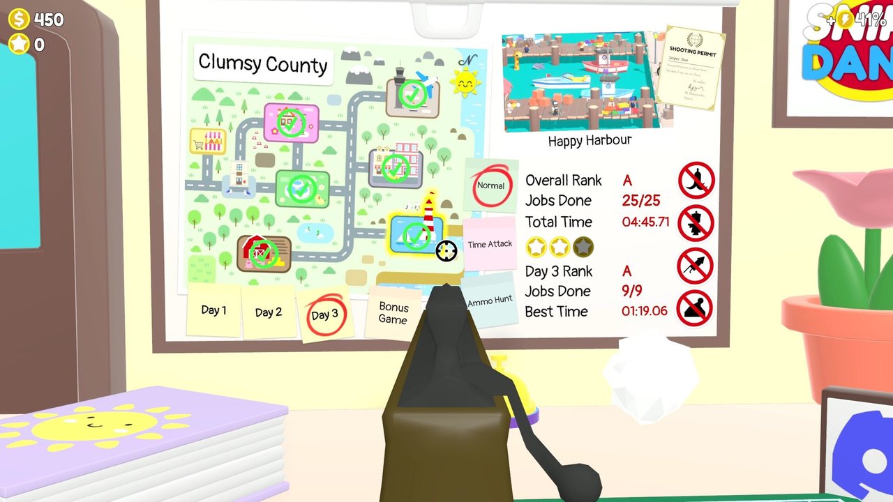 Official Sniper Dan screenshot: Dan in the office facing the wall map of Clumsy County with completed job and time stats on the board