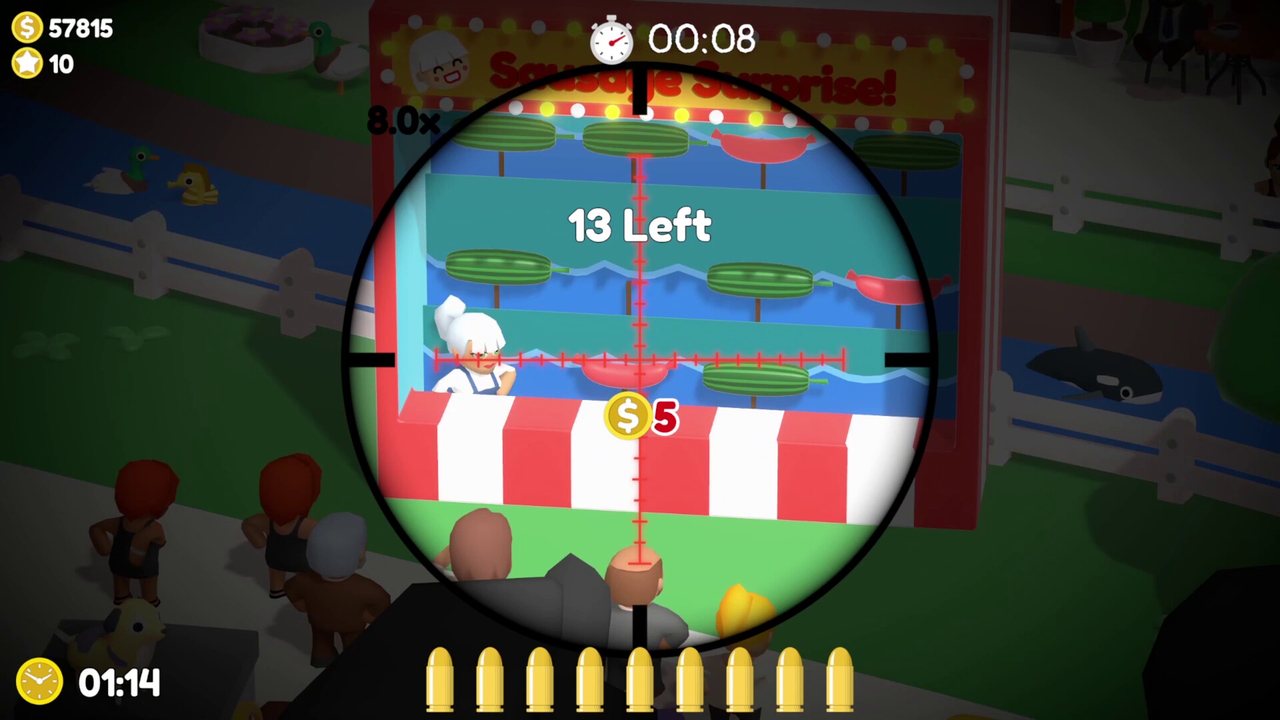 Official Sniper Dan screenshot: a park booth with bunting where the player is shooting targets in a carnival-style challenge