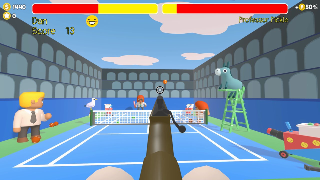 Official Sniper Dan screenshot: a tennis court scene with cartoon characters and a scoreboard on screen