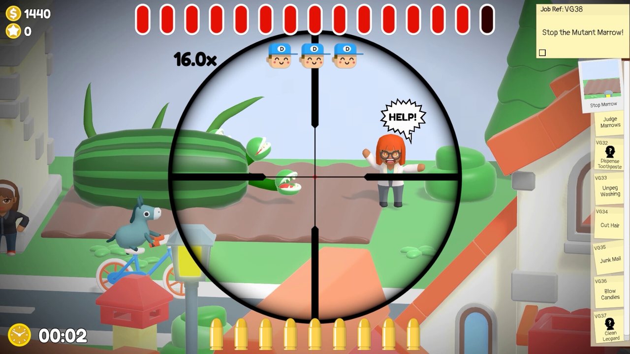 Official Sniper Dan screenshot: a scoped view of a giant vegetable threatening a villager while a job is active